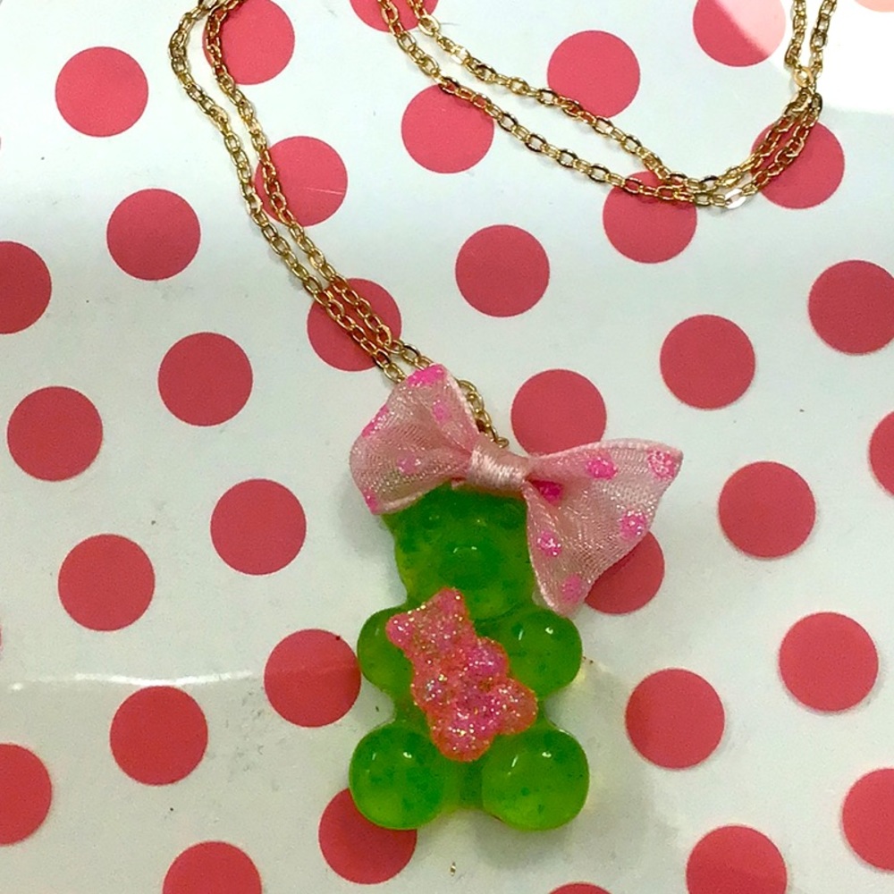 NWT YOUR BASIC BEAR necklace: Green Apple Bear 18” inch gold filled chain